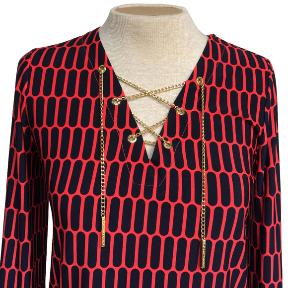 MICHAEL Michael Kors Tops - Michael Kors Black Red Gold Chain Lace Up Blouse S